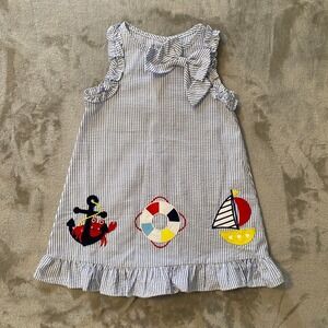 Good Lad Seersucker Dress Girls 3T Blue White Nautical Anchor Bow Ruffle NEW